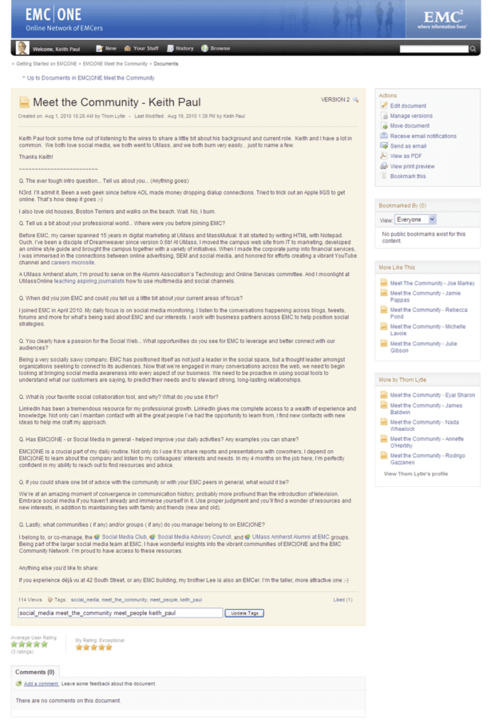 screenshot of my EMC ONE profile from 2010