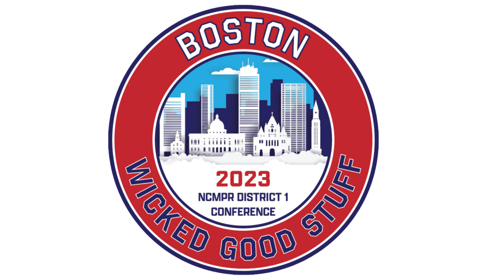 LOGO: 2023 NCMPR District 1 Conference in Boston. Image resembles a traditional seal with the Boston skyline at the center.