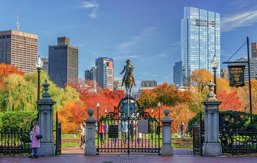 Photo of statue of George Washington in the Boston Public Garden, with the Boston skyline and fall foliage in the background.
